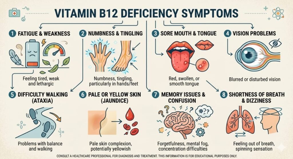 وٹامن B12 کی کمی کا علاج کے 7 آسان طریقے | علامات اور مکمل گائیڈ وٹامن B12 کی کمی کی علامات